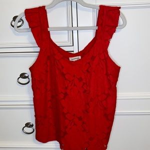 Red Floral Lace Ruffled Sleeveless Top